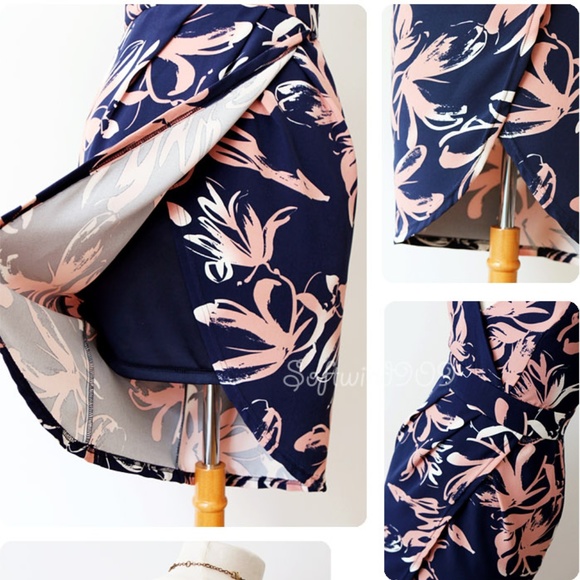 Last☝️ Navy Pink Floral Surplice Wrap Tulip Dress - Picture 5 of 8
